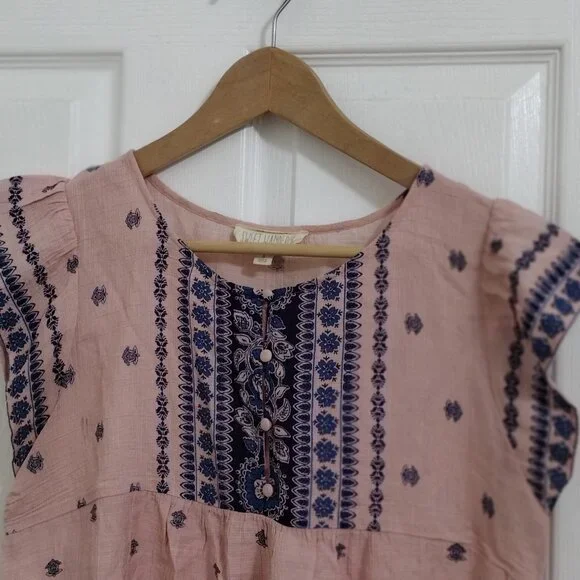 Sweet Wanderer Boho Peasant Top Medium Pink Blue Print Flowy Lightweight - Picture 6 of 8